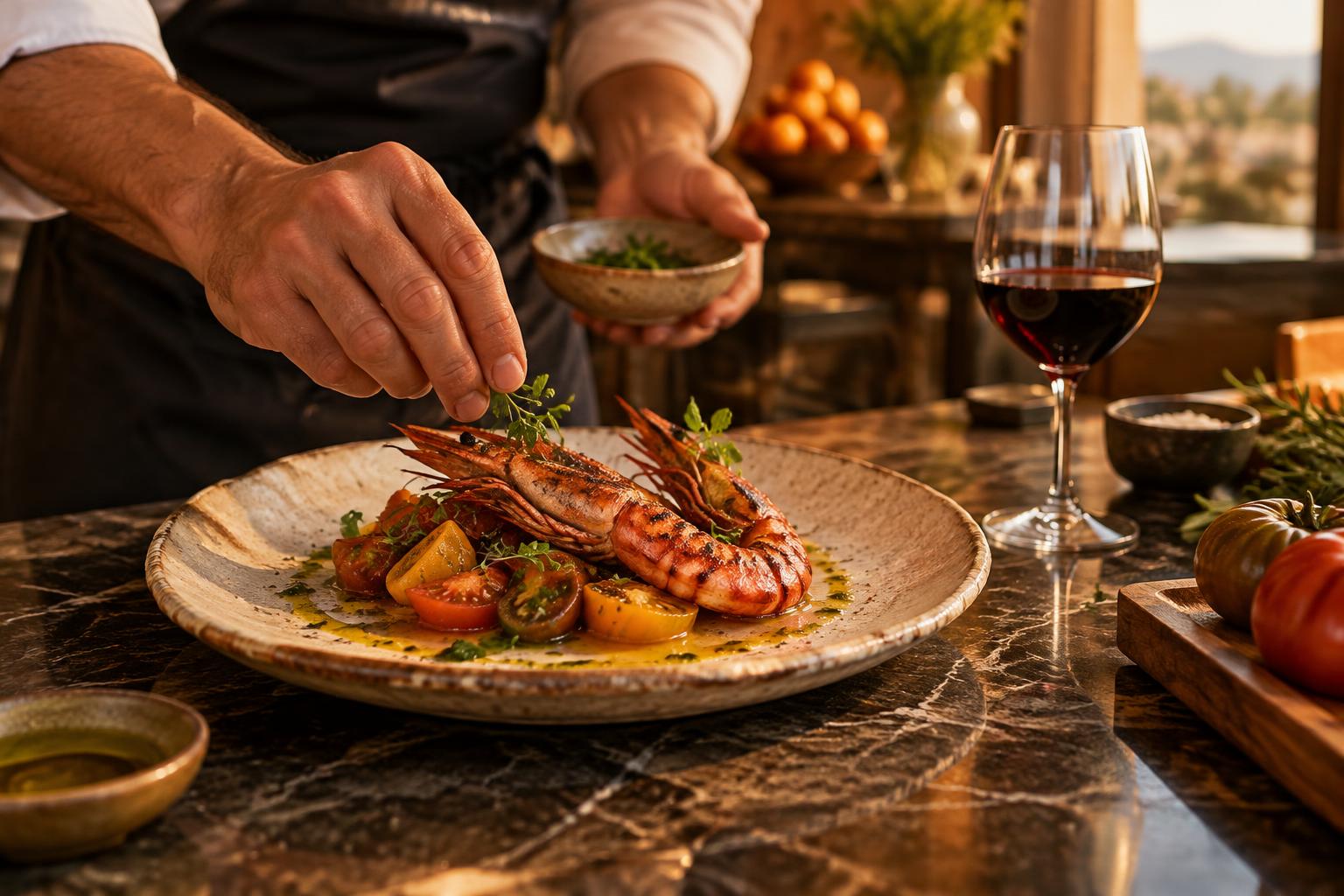 Chef emplatando gambas a la brasa con tomate y aceite de oliva